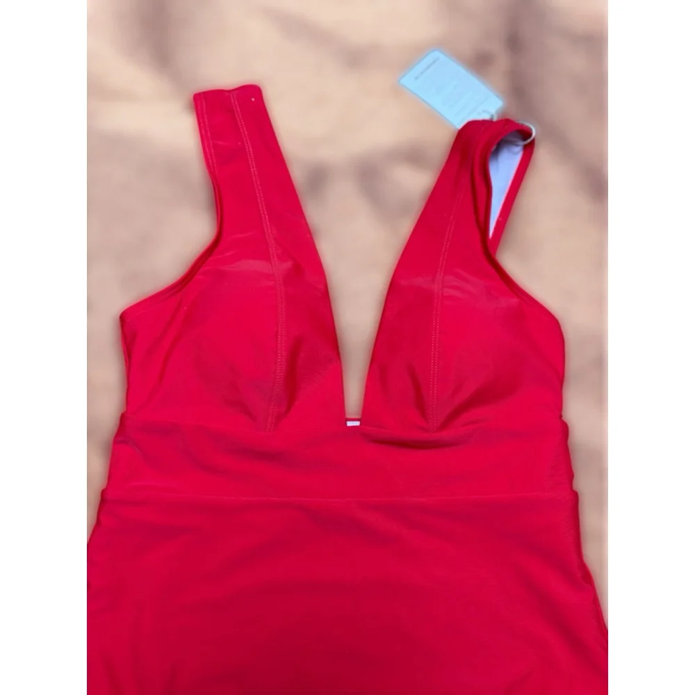 Cocoship Women's Size 6 Solid Red Plunging Neckline High Leg One Piece Swimsuit - Picture 12 of 16